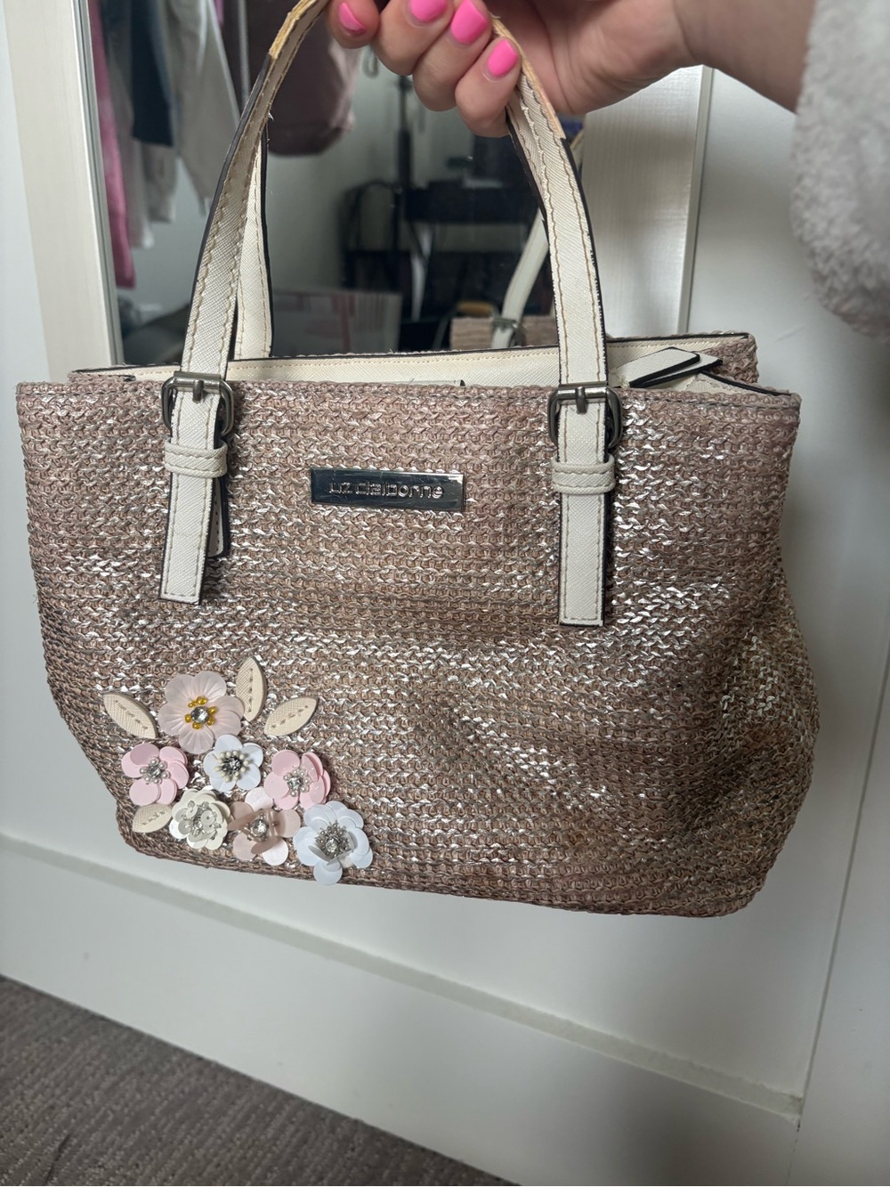 Liz Claiborne Rose Gold Woven Tote with Floral Appliqués